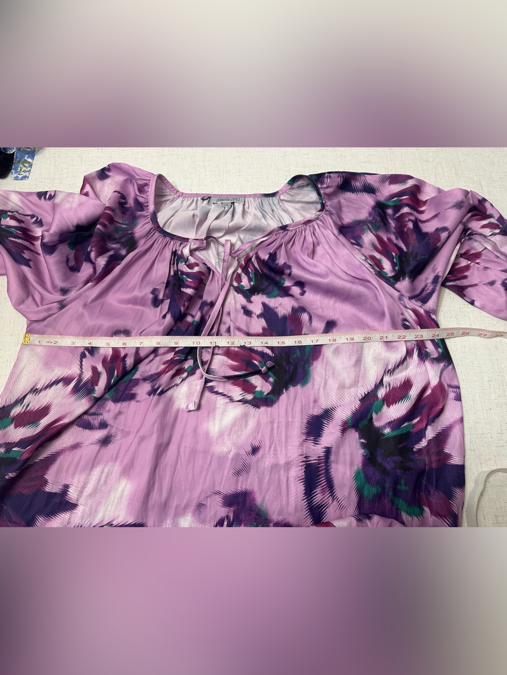 Jennifer Lopez Lavender Floral Tie-Neck Peasant Blouse - Picture 9 of 10